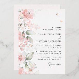 Rose Gold Pink Floral Butterfly Wedding  Foil Invitation