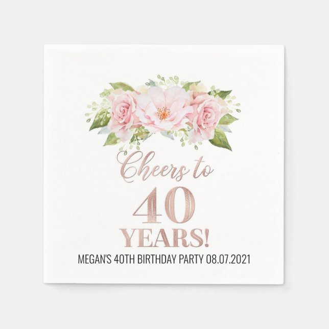 Rose Gold Pink Floral Cheers to 40 Years Birthday Napkins (Front)