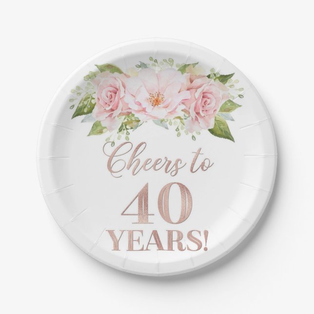 Rose Gold Pink Floral Cheers to 40 Years Birthday Paper Plates (Front)