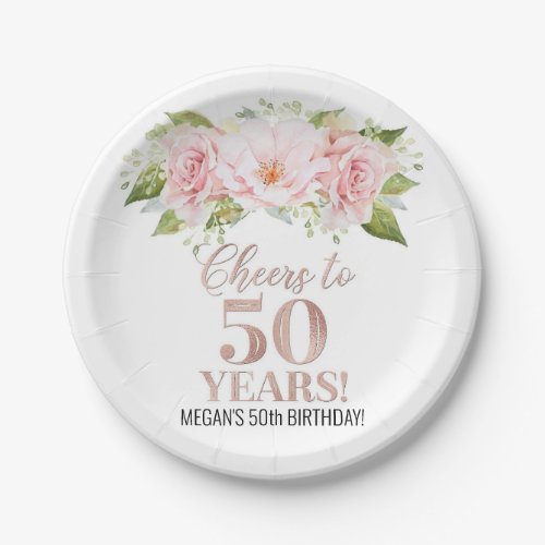 Rose Gold Pink Floral Cheers to 50 Years Birthday Paper Plates