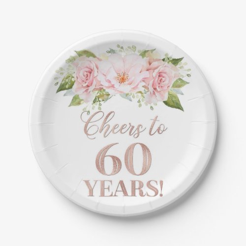 Rose Gold Pink Floral Cheers to 60 Years Birthday Paper Plates