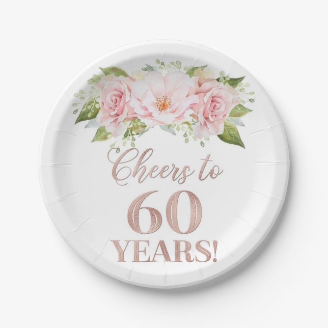 Rose Gold Pink Floral Cheers to 60 Years Birthday Paper Plates (Front)