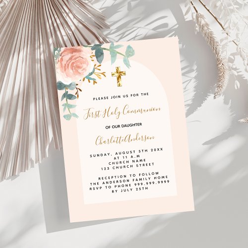 Rose gold pink floral cross First Communion Invitation