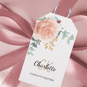 Rose gold pink floral eucalyptus greenery monogram gift tags