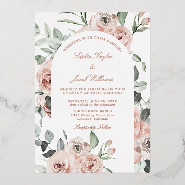 Rose Gold Pink Floral Eucalyptus Wedding Foil Invitation (Front)