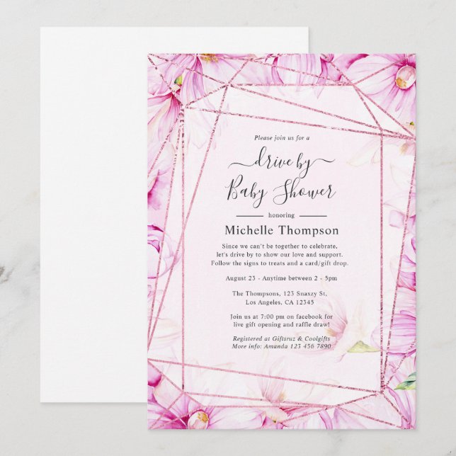 Rose Gold & Pink Floral Geometric Drive By Shower Invitation (Front/Back)