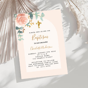 Rose gold pink floral girl cross Baptism Invitation