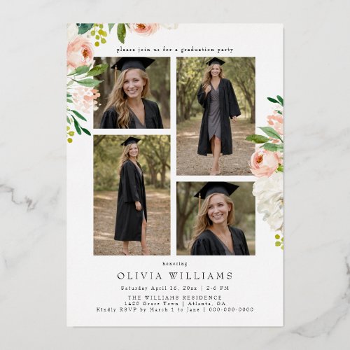 Rose Gold Pink Floral Graduate Photo Graduation Foil Invitation