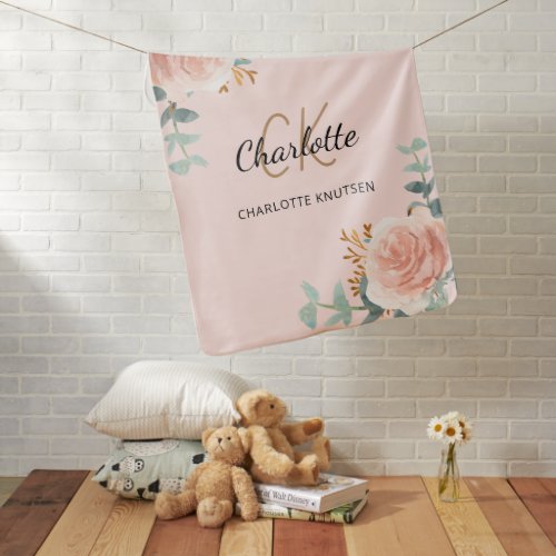 Rose gold pink floral greenery monogram name baby blanket