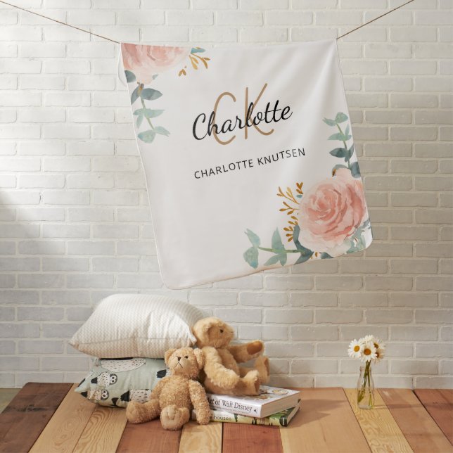 Rose gold pink floral greenery monogram name baby blanket (In Situ)