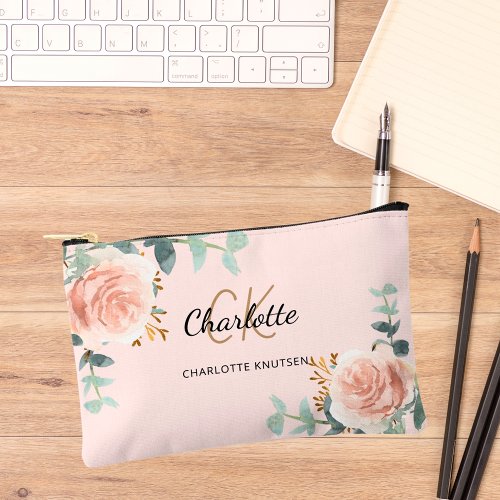 Rose gold pink floral greenery name monogram accessory pouch