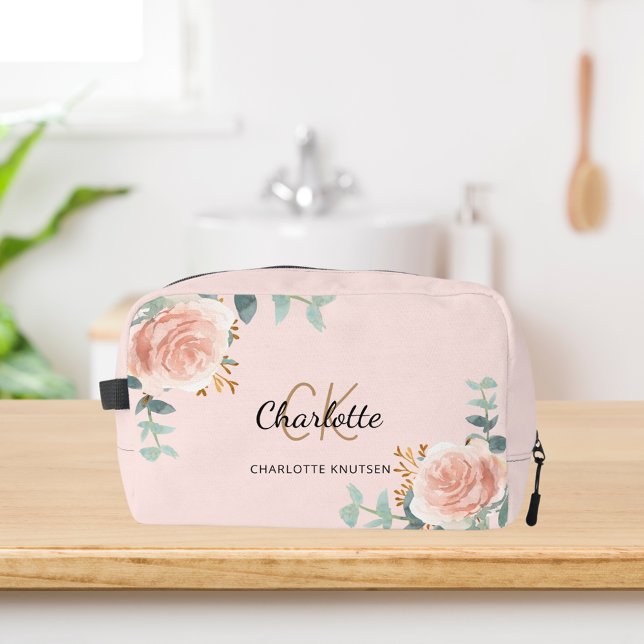 Rose gold pink floral greenery name monogram dopp kit (Creator Uploaded)