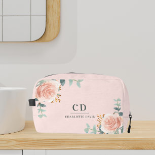 Rose gold pink floral greenery name monogram dopp kit