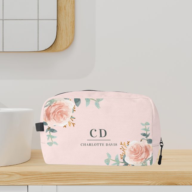 Rose gold pink floral greenery name monogram dopp kit (Creator Uploaded)