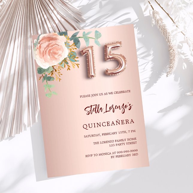 Rose gold pink floral greenery Quinceanera Invitation (Creator Uploaded)