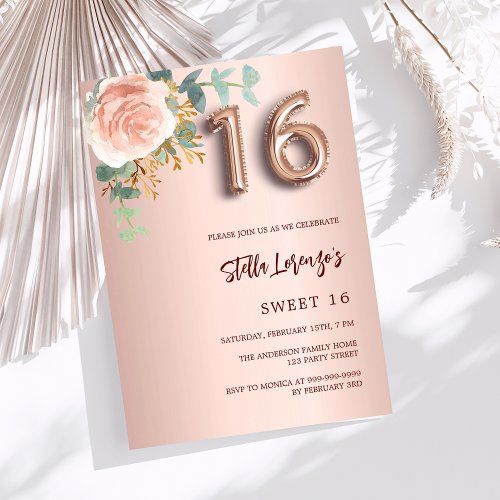 Rose gold pink floral greenery Sweet 16 Invitation