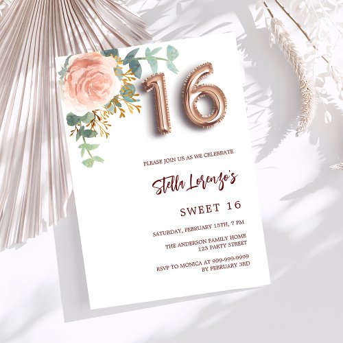 Rose gold pink floral greenery Sweet 16 Invitation