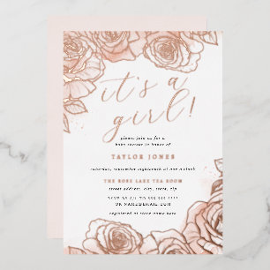 Rose Gold Pink Floral It's a Girl Baby Shower Foil Invitation