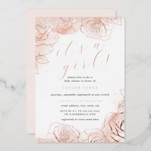 Rose Gold Pink Floral Its a Girl Baby Shower  Foil Invitation