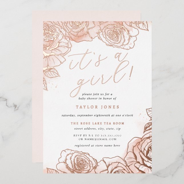 Rose Gold Pink Floral It's a Girl Baby Shower  Foil Invitation (Front/Back)