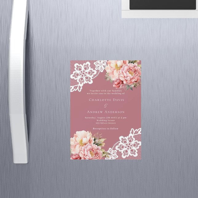 Rose gold pink floral lace luxury wedding magnetic invitation (Creator Uploaded)