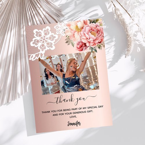 Rose gold pink floral lace photo thank you card