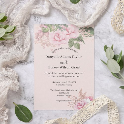 Rose Gold Pink Floral Modern Fonts Photo Wedding Invitation
