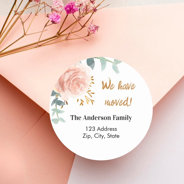 Rose gold pink floral moved new address classic round sticker (Creator Uploaded)