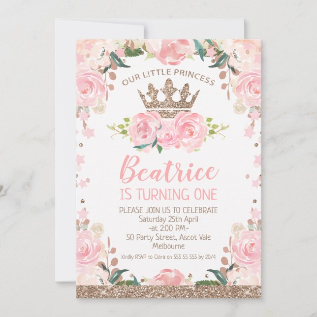Rose Gold Pink Floral Princess Crown 1st Birthday Invitation (Front)