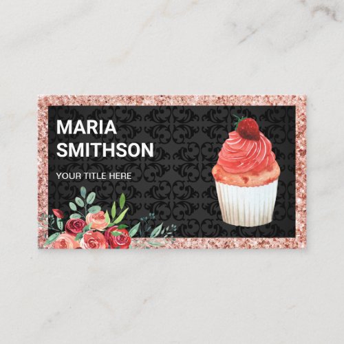 Rose Gold Pink Floral Strawberry Cupcake Bakery Business Card