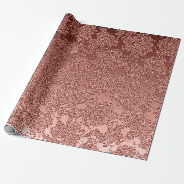 Rose Gold Pink Floral Succulent Pattern Metallic Wrapping Paper (Unrolled)