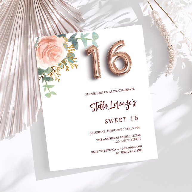 Rose gold pink floral Sweet 16 budget invitation (Creator Uploaded)