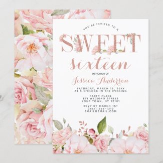 Rose Gold Pink Floral Sweet Sixteen Invitation