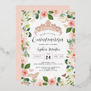 Rose Gold Pink Floral Tiara Butterfly Quinceanera  Foil Invitation