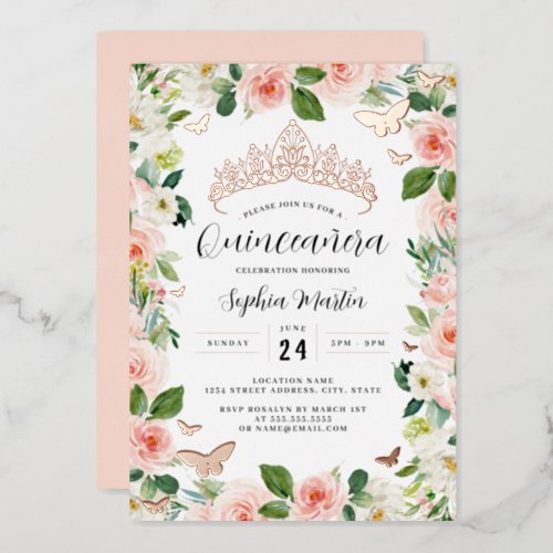 Rose Gold Pink Floral Tiara Butterfly Quinceanera  Foil Invitation