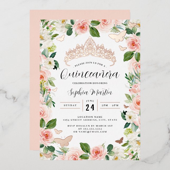Rose Gold Pink Floral Tiara Butterfly Quinceanera  Foil Invitation (Front/Back)