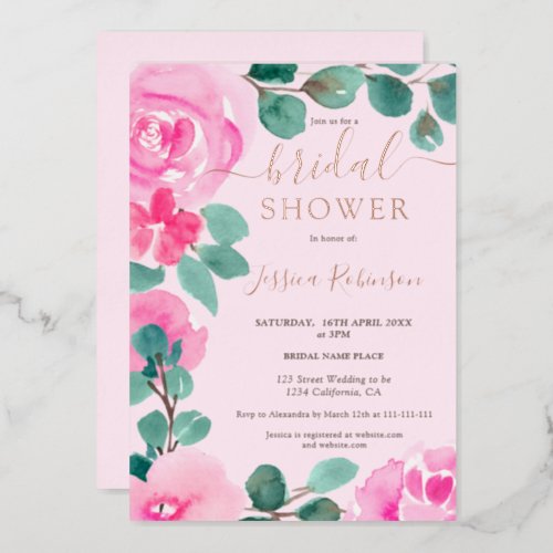 Rose Gold pink floral watercolor bridal shower Foil Invitation