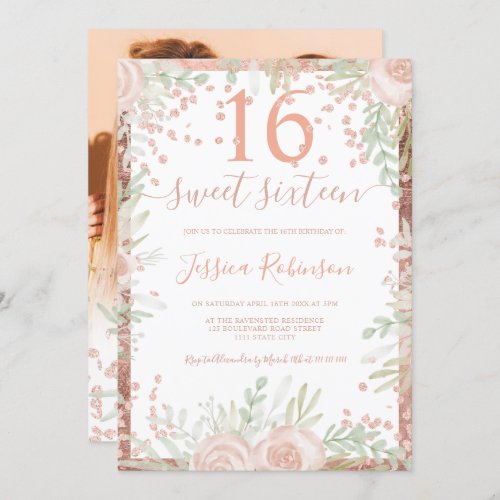 Rose gold pink floral watercolor Sweet 16 photo Invitation