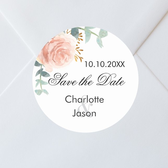 Rose gold pink floral wedding save the date classic round sticker (Creator Uploaded)