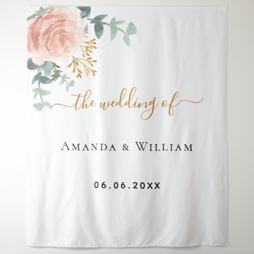 Rose gold pink floral wedding welcome tapestry