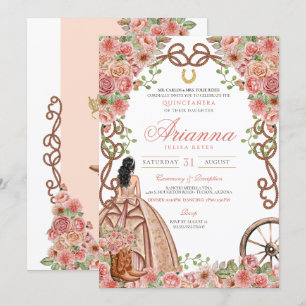Rose Gold Pink Floral Western Charro Quinceanera Invitation