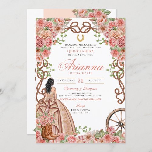 Rose Gold Pink Floral Western Charro Quinceanera Invitation