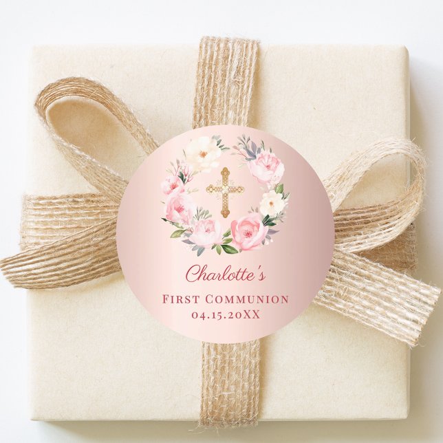 Rose gold pink floral wreath First Communion Classic Round Sticker (Creator Uploaded)