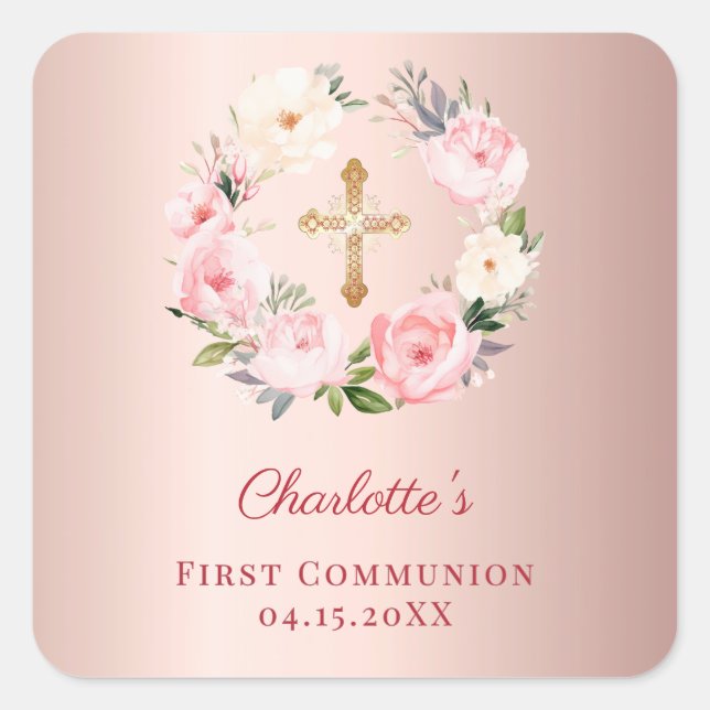 Rose gold pink floral wreath First Communion Square Sticker (Front)