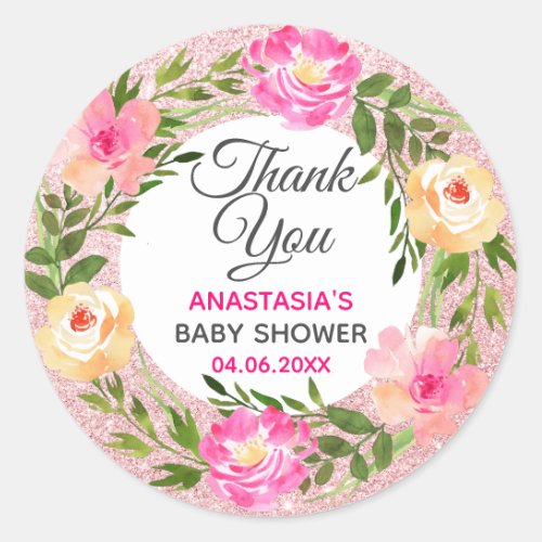 Rose Gold Pink Floral Wreath Thank You Baby Shower Classic Round Sticker