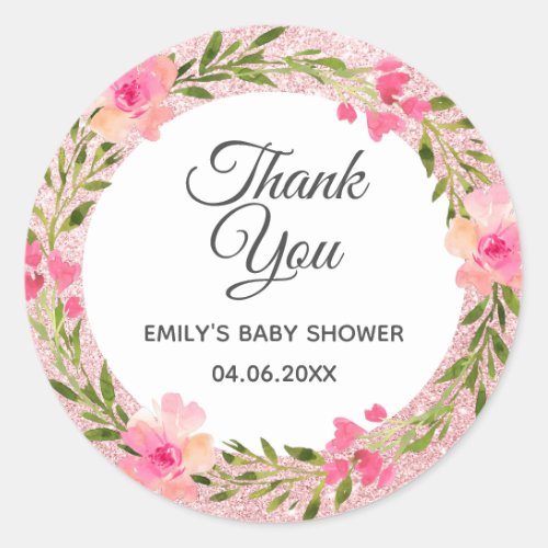 Rose Gold Pink Floral Wreath Thank You Baby Shower Classic Round Sticker