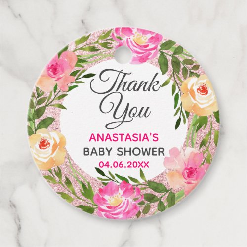 Rose Gold Pink Floral Wreath Thank You Baby Shower Favor Tags