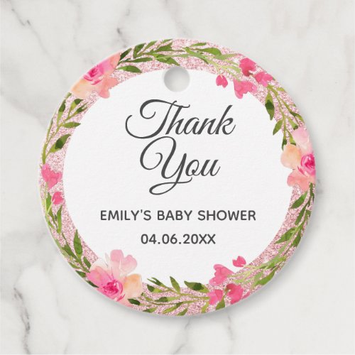 Rose Gold Pink Floral Wreath Thank You Baby Shower Favor Tags