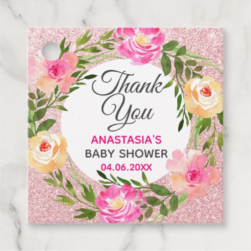 Rose Gold Pink Floral Wreath Thank You Baby Shower Favor Tags