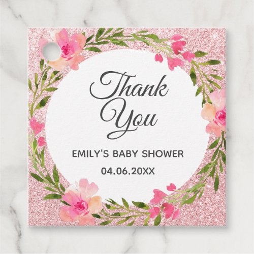 Rose Gold Pink Floral Wreath Thank You Baby Shower Favor Tags